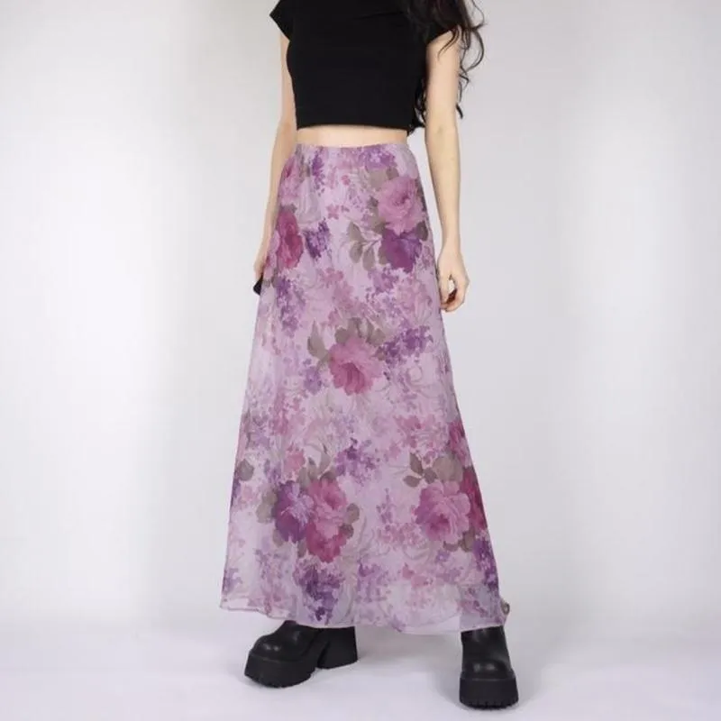 Floral Chiffon Maxi Skirt - Lightweight High Waist Mesh/Polyester