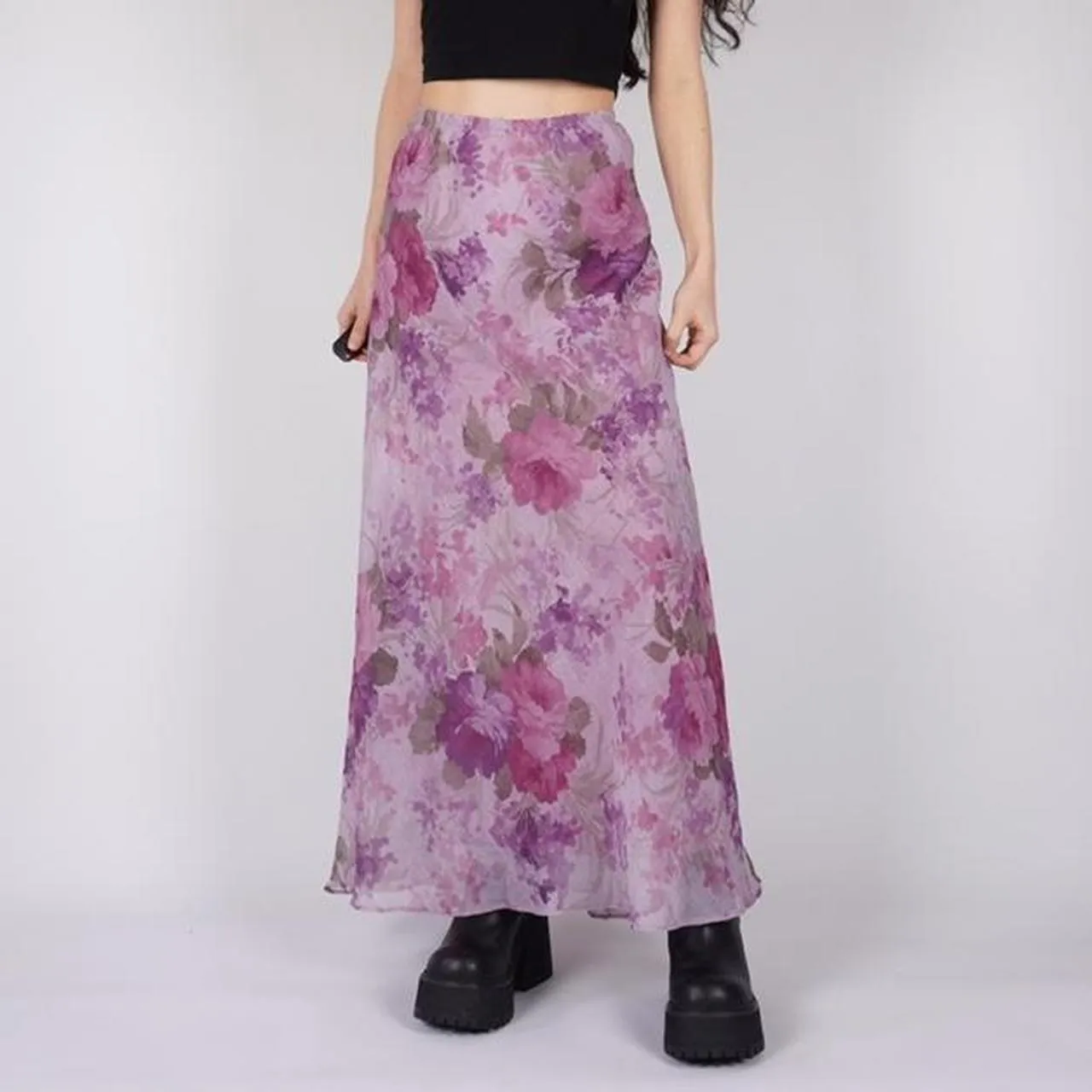 Floral Chiffon Maxi Skirt - Lightweight High Waist Mesh/Polyester