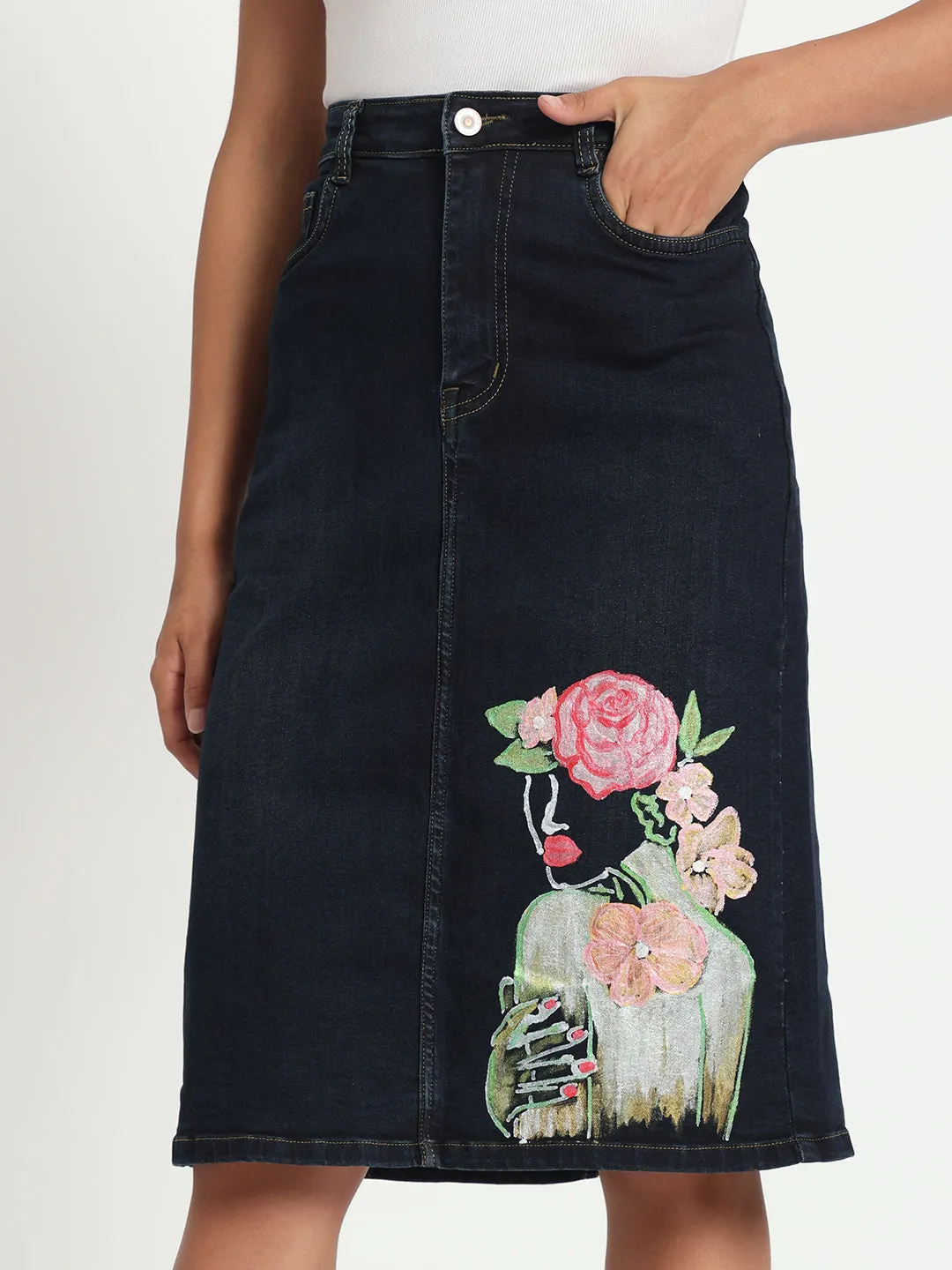 Floral Muse Hand-Painted Knee Length Denim Skirt
