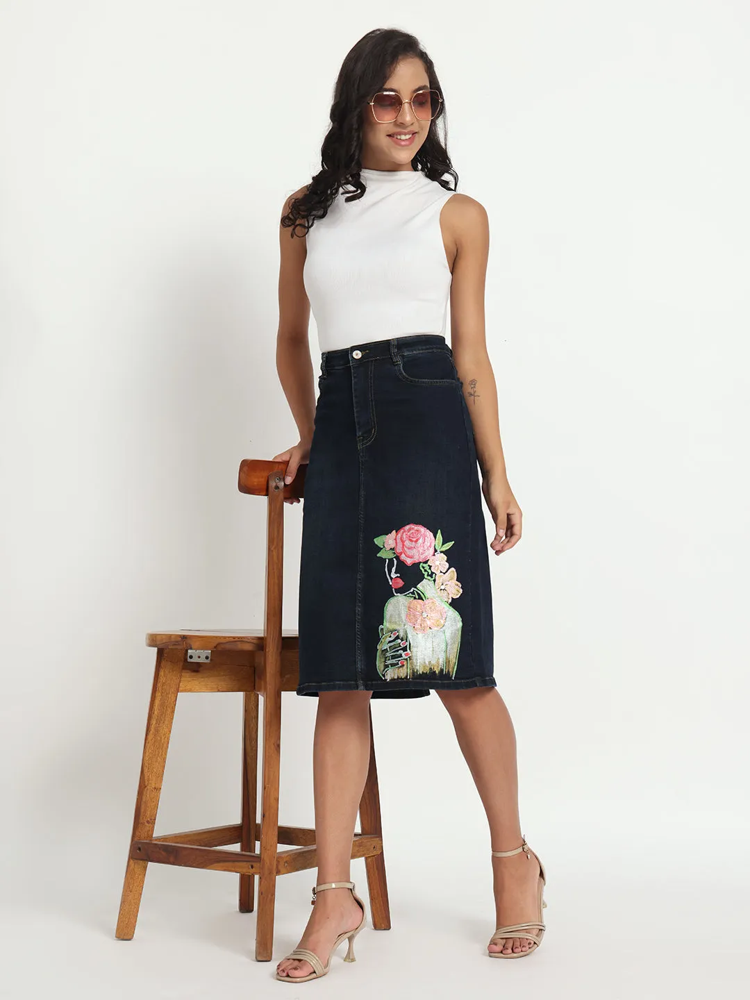 Floral Muse Hand-Painted Knee Length Denim Skirt