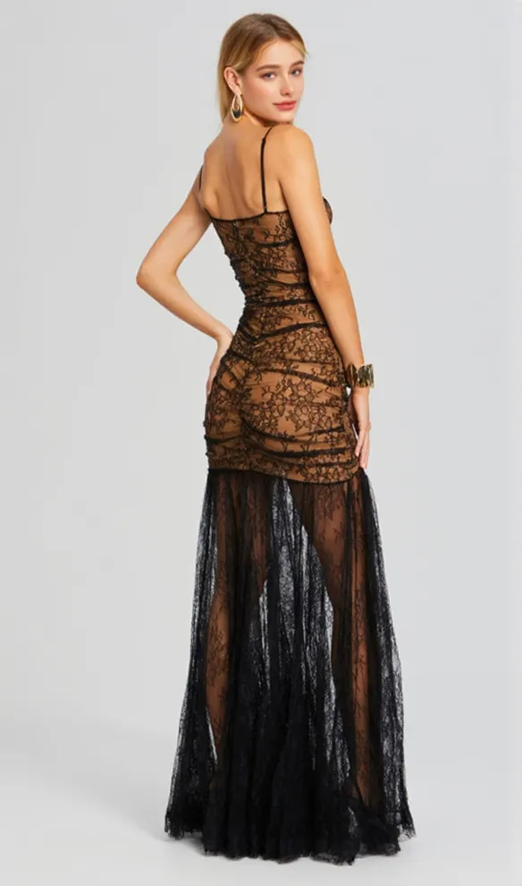 floral print lace maxi dress in black