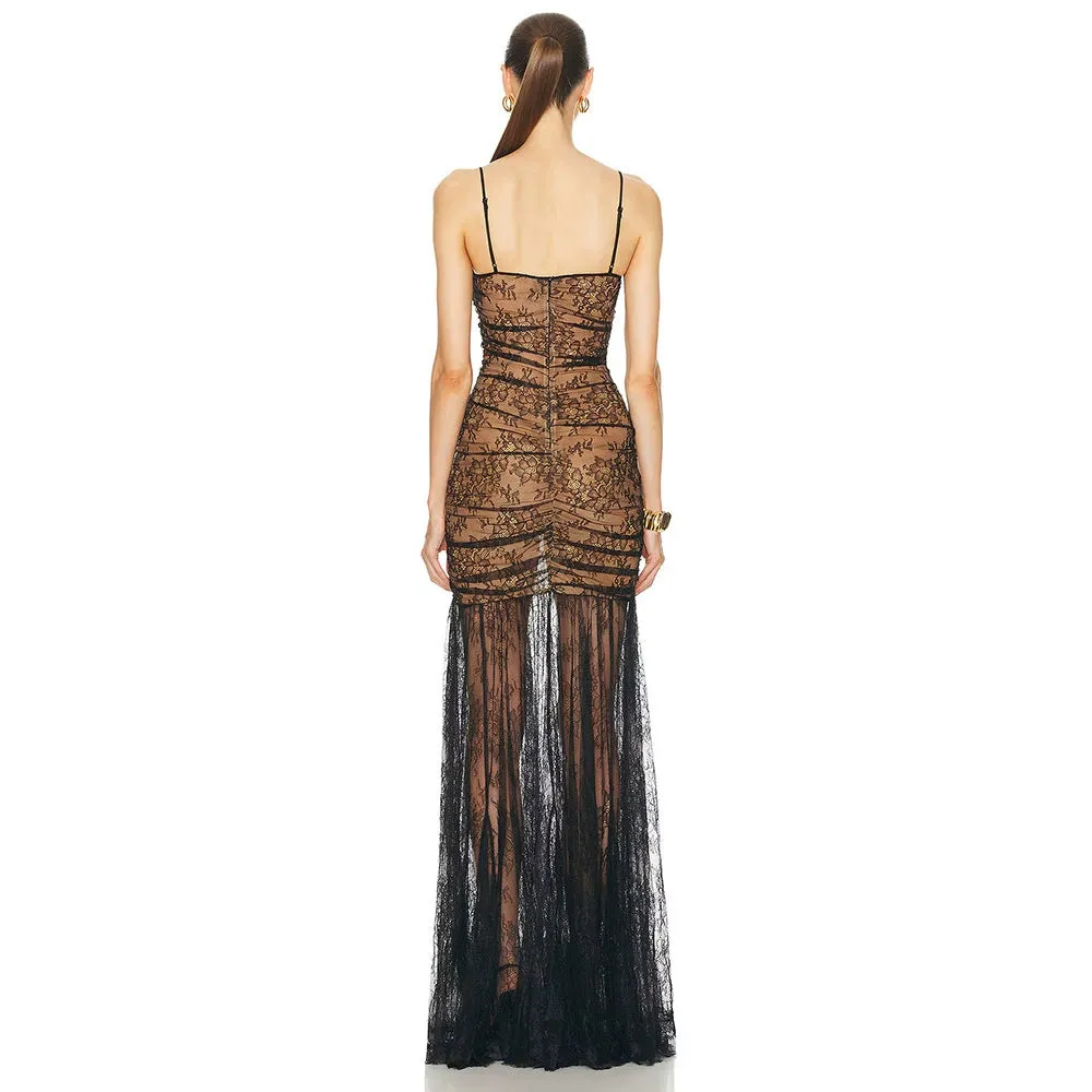 floral print lace maxi dress in black
