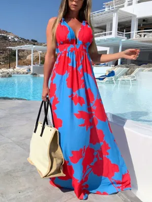 Floral Print Maxi Dress with V-Neck and Sleeveless Design