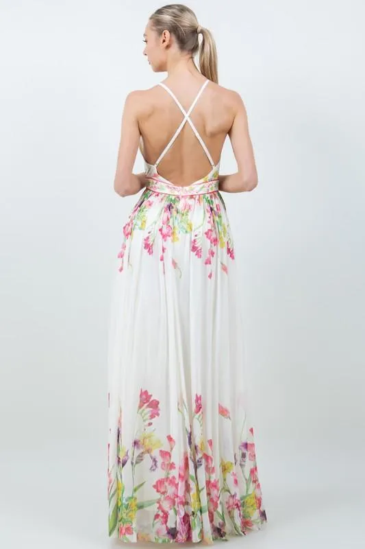 FLORAL PRINTED V-NECK CROSSED BACK STRAPS DRESS