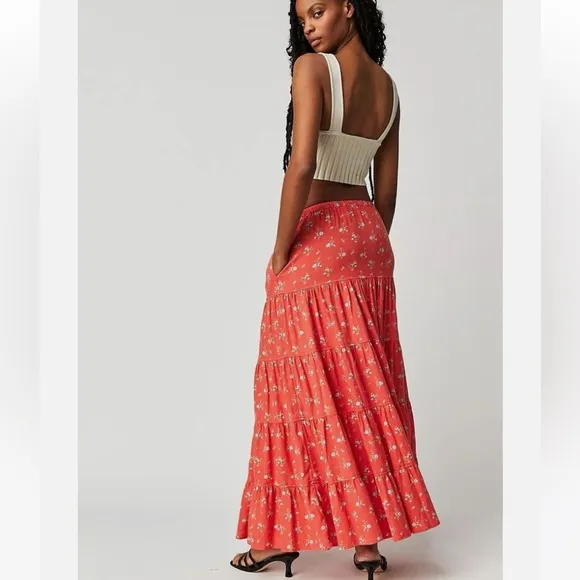 Free People Floral Coral Maxi Skirt
