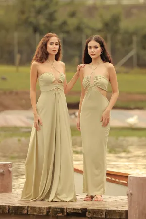 GERTRUDE Halter Cutout Stretch Midi Dress (Light Sage Green)