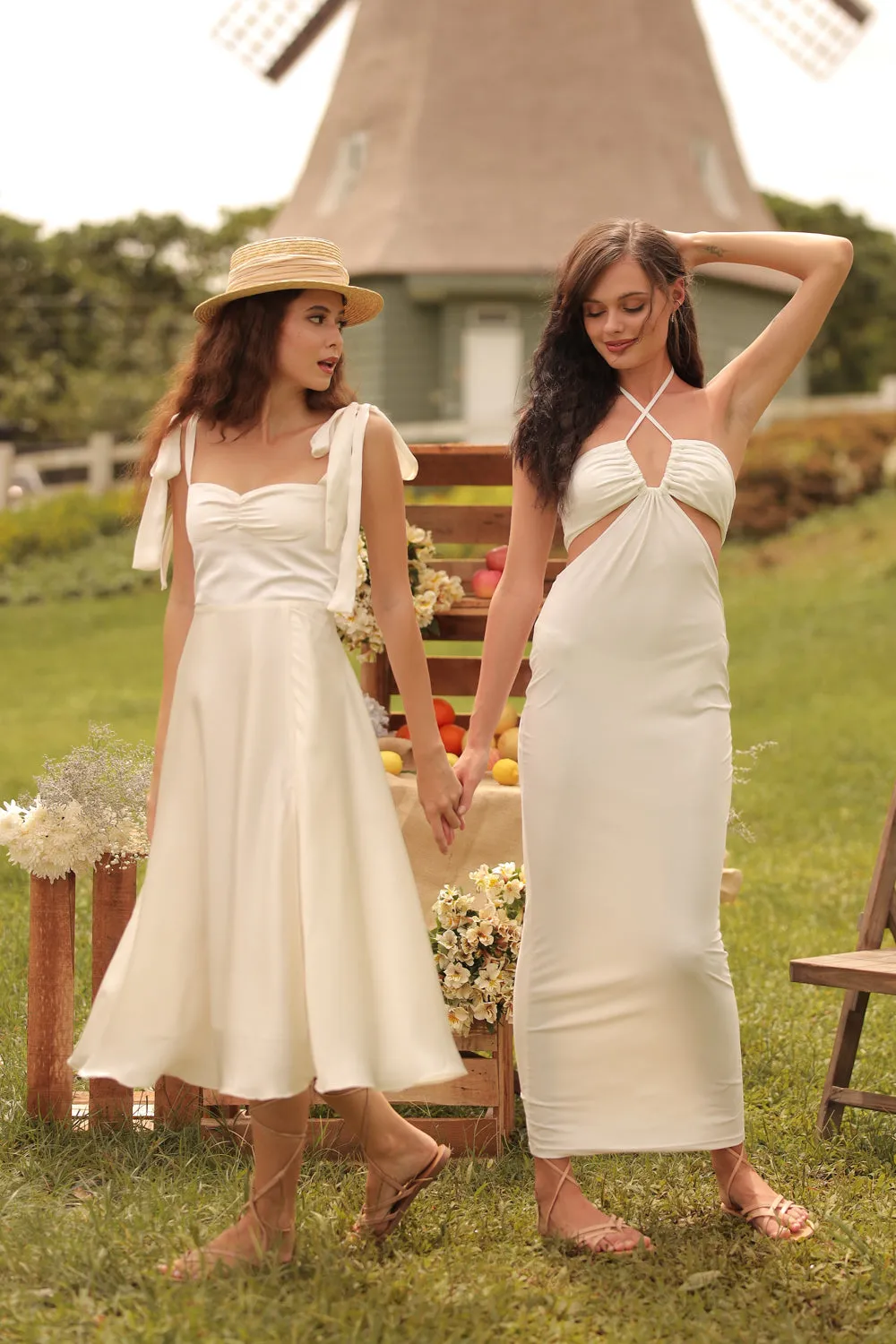 GERTRUDE Halter Cutout Stretch Midi Dress (White)
