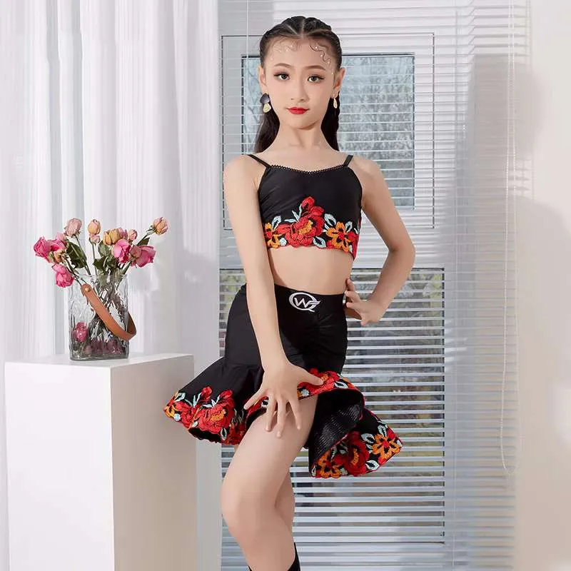 Girls black with rose flowers Latin Dance dresses Children's ballroom salsa rumba chacha Dance Clothing for kids