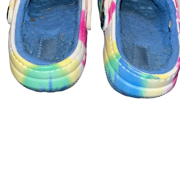 Girls CLASSIC LINED TIE-DYE CLOG Crocs child size 12 kids fuzzy lined pink blue