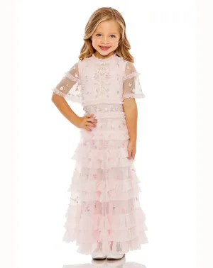GIRLS HIGH NECK FLUTTER SLEEVE LACE DRESS