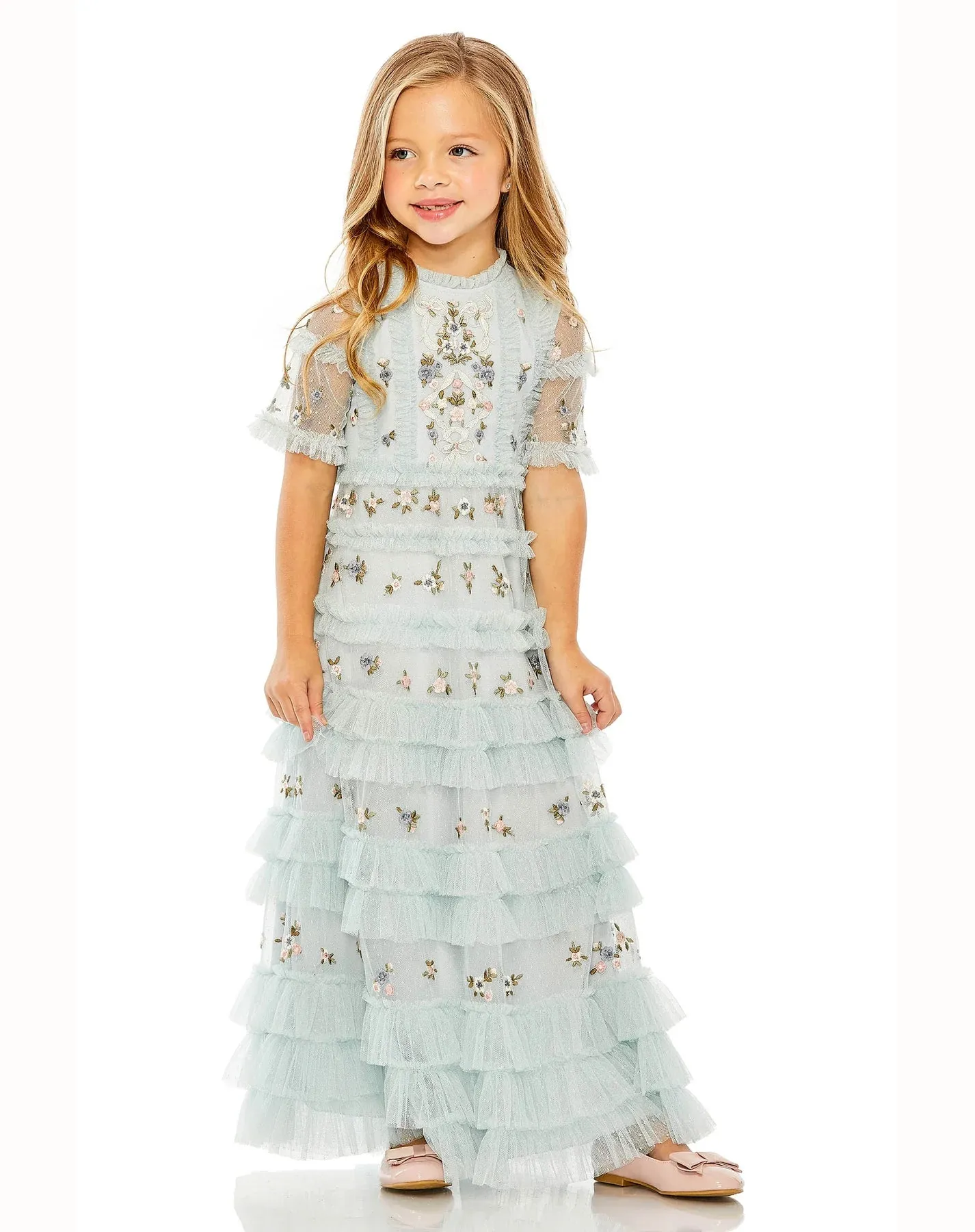 GIRLS HIGH NECK FLUTTER SLEEVE LACE DRESS