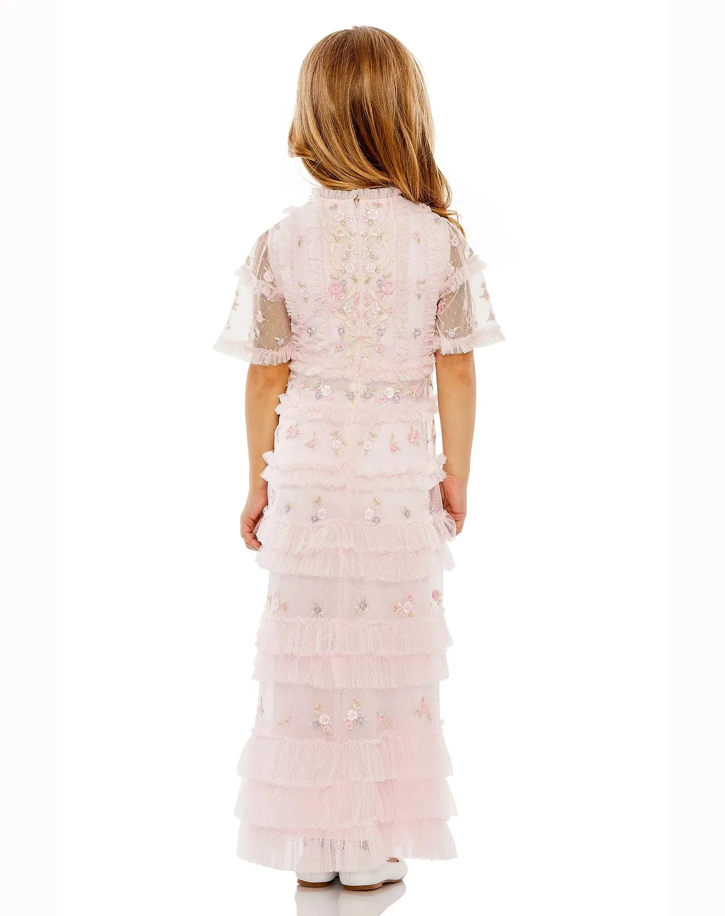 GIRLS HIGH NECK FLUTTER SLEEVE LACE DRESS