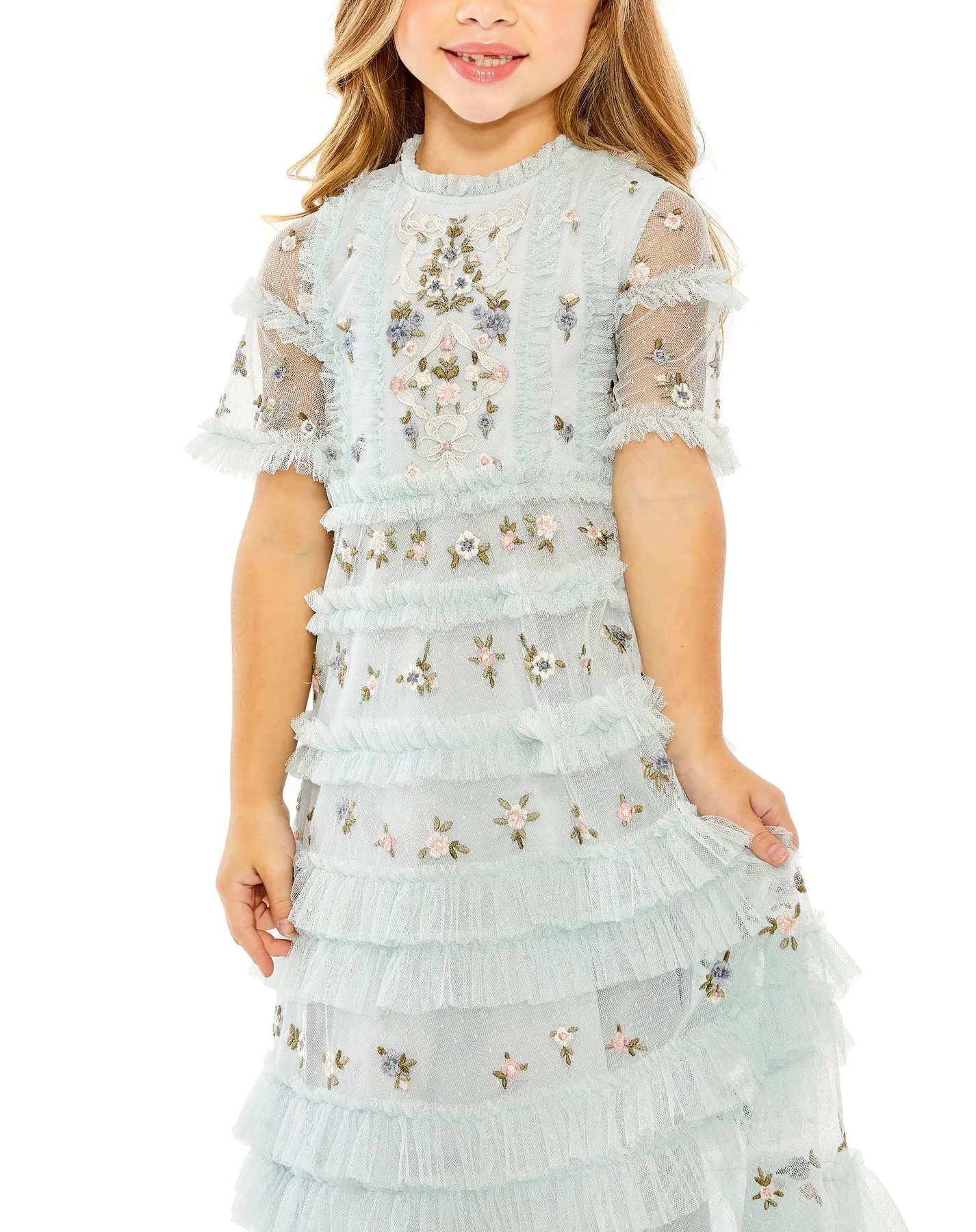 GIRLS HIGH NECK FLUTTER SLEEVE LACE DRESS