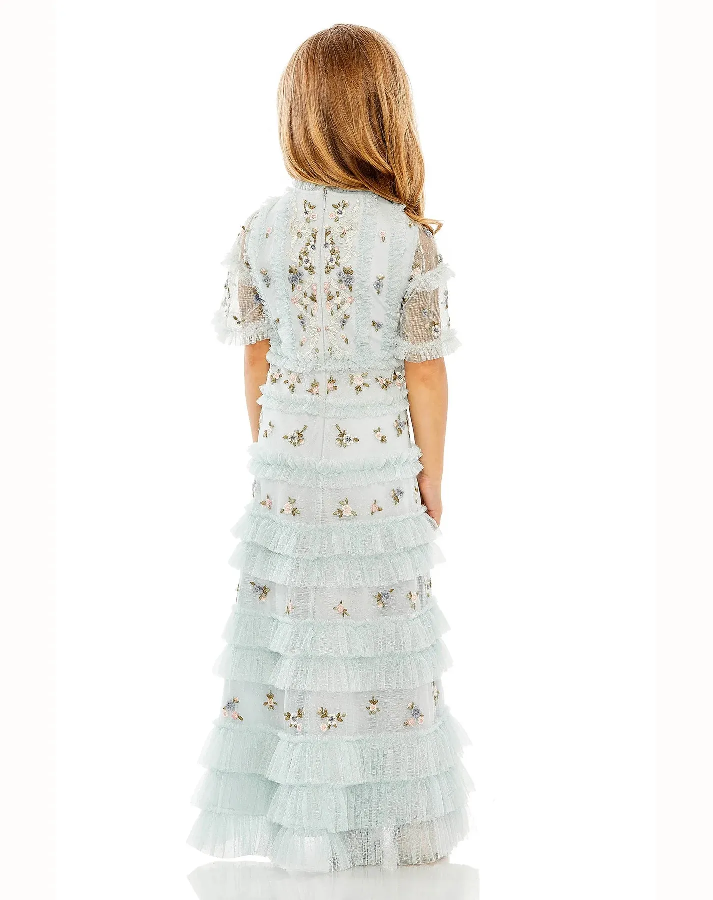 GIRLS HIGH NECK FLUTTER SLEEVE LACE DRESS