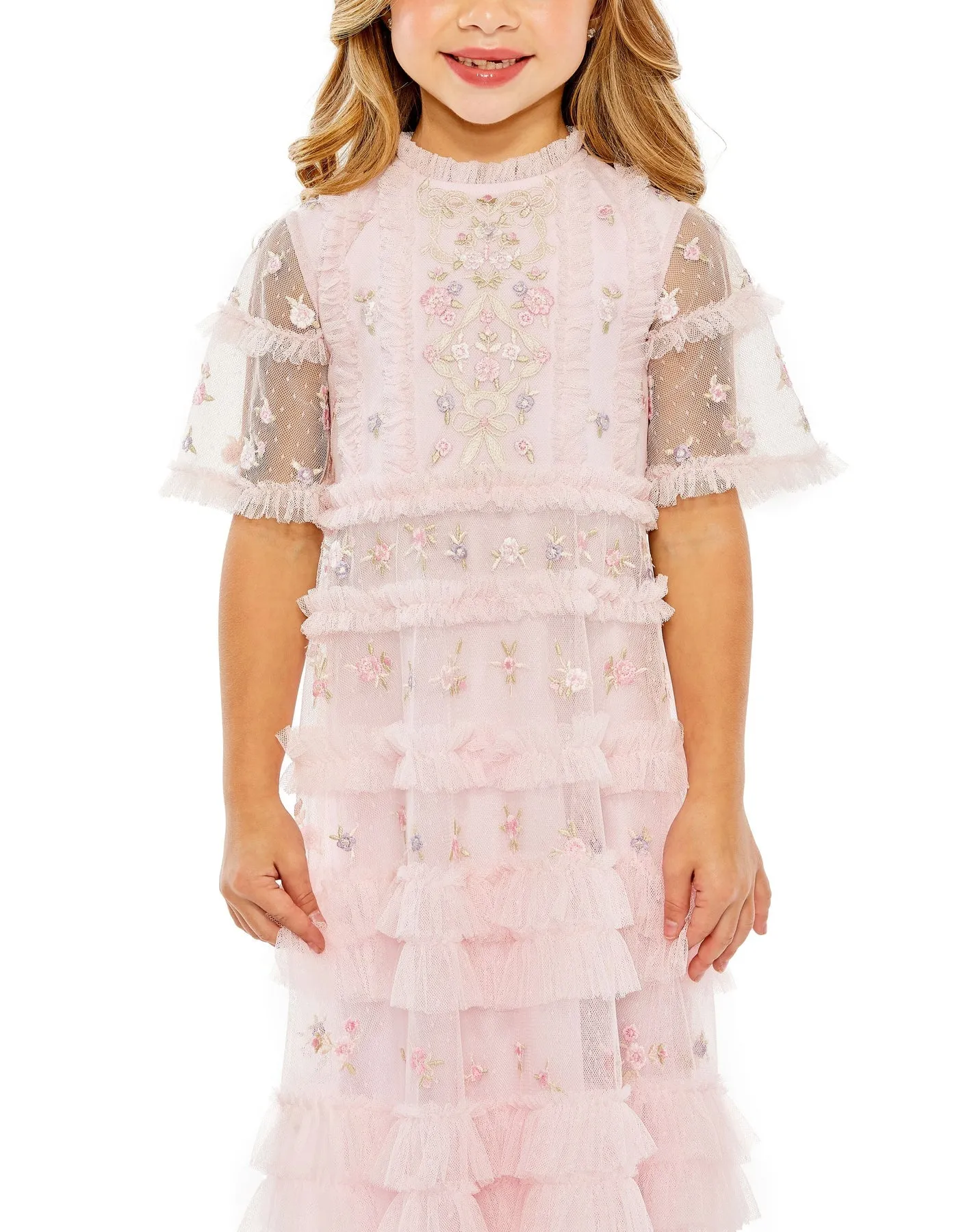 GIRLS HIGH NECK FLUTTER SLEEVE LACE DRESS