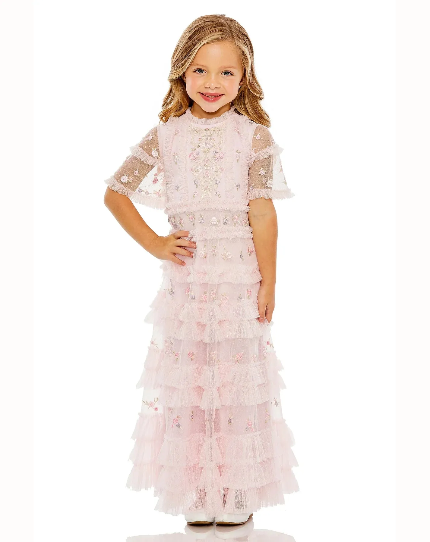 GIRLS HIGH NECK FLUTTER SLEEVE LACE DRESS