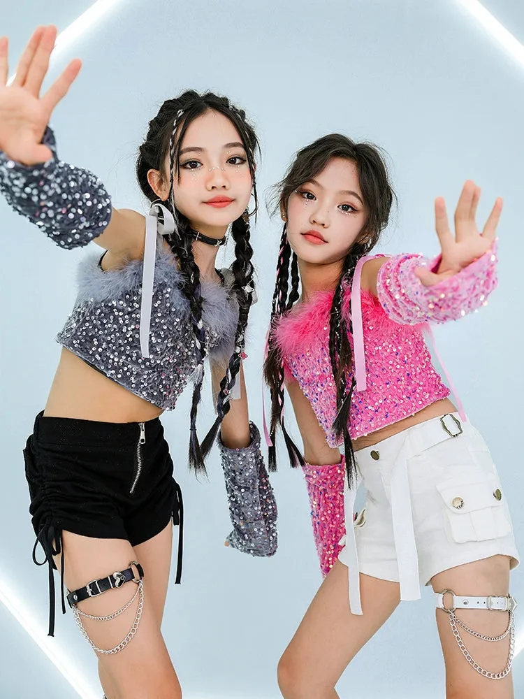 Girls Jazz Dancing Costumes Pink Silver Sequin Glitter Model Catwalk Performance Clothing Rapper Singer Group Dance Outfits for Kids