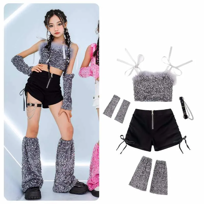 Girls Jazz Dancing Costumes Pink Silver Sequin Glitter Model Catwalk Performance Clothing Rapper Singer Group Dance Outfits for Kids