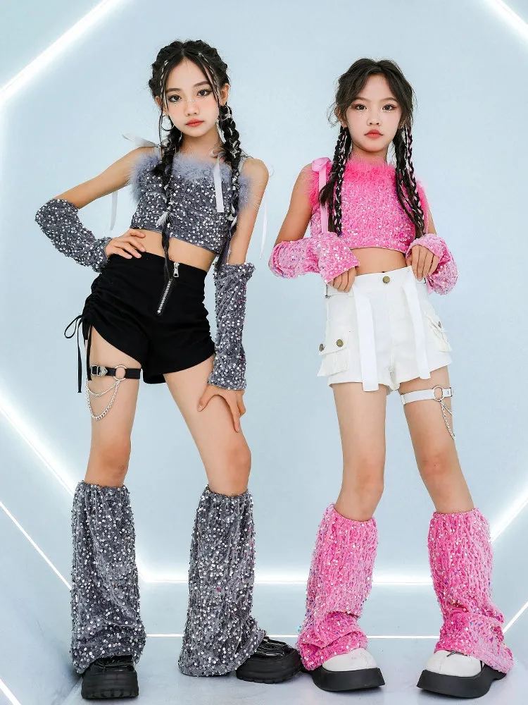 Girls Jazz Dancing Costumes Pink Silver Sequin Glitter Model Catwalk Performance Clothing Rapper Singer Group Dance Outfits for Kids