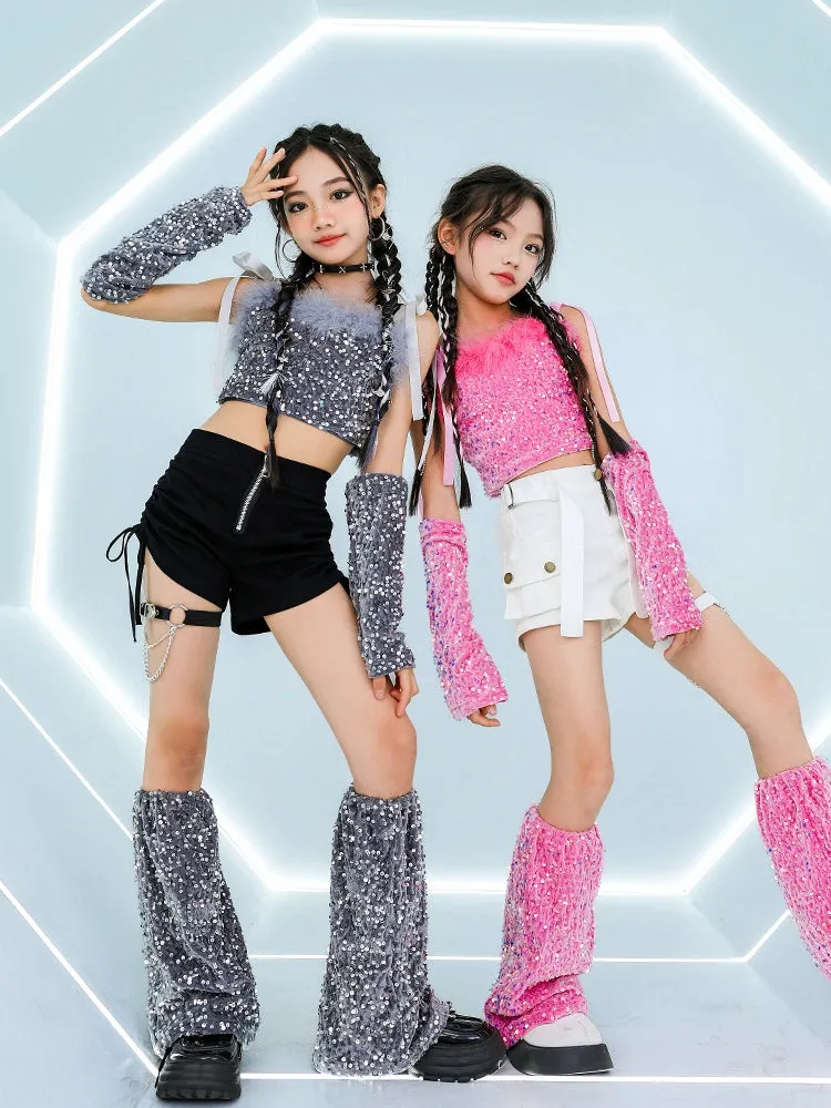 Girls Jazz Dancing Costumes Pink Silver Sequin Glitter Model Catwalk Performance Clothing Rapper Singer Group Dance Outfits for Kids