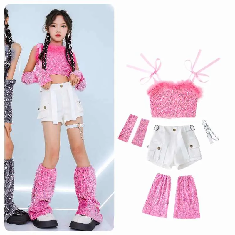 Girls Jazz Dancing Costumes Pink Silver Sequin Glitter Model Catwalk Performance Clothing Rapper Singer Group Dance Outfits for Kids
