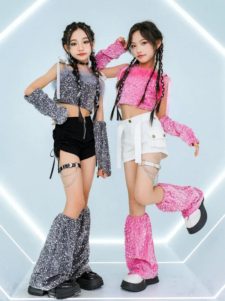 Girls Jazz Dancing Costumes Pink Silver Sequin Glitter Model Catwalk Performance Clothing Rapper Singer Group Dance Outfits for Kids