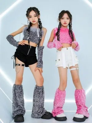 Girls Jazz Dancing Costumes Pink Silver Sequin Glitter Model Catwalk Performance Clothing Rapper Singer Group Dance Outfits for Kids