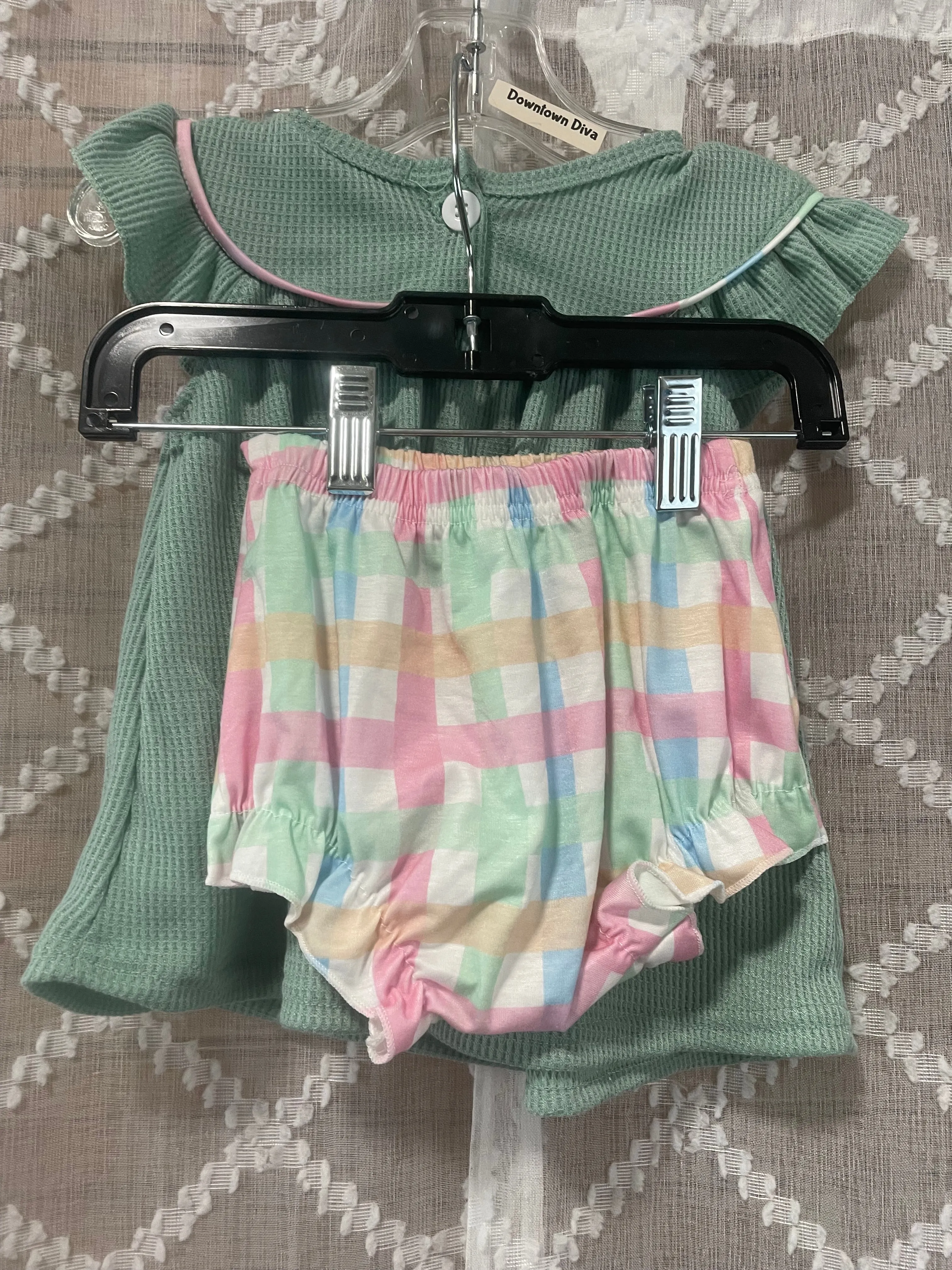 Girls Mint Green Short Set w/Bunnies In Wagon