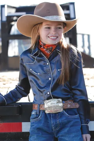 GIRLS NAVY SATIN LONG SLEEVE SNAP SHIRT