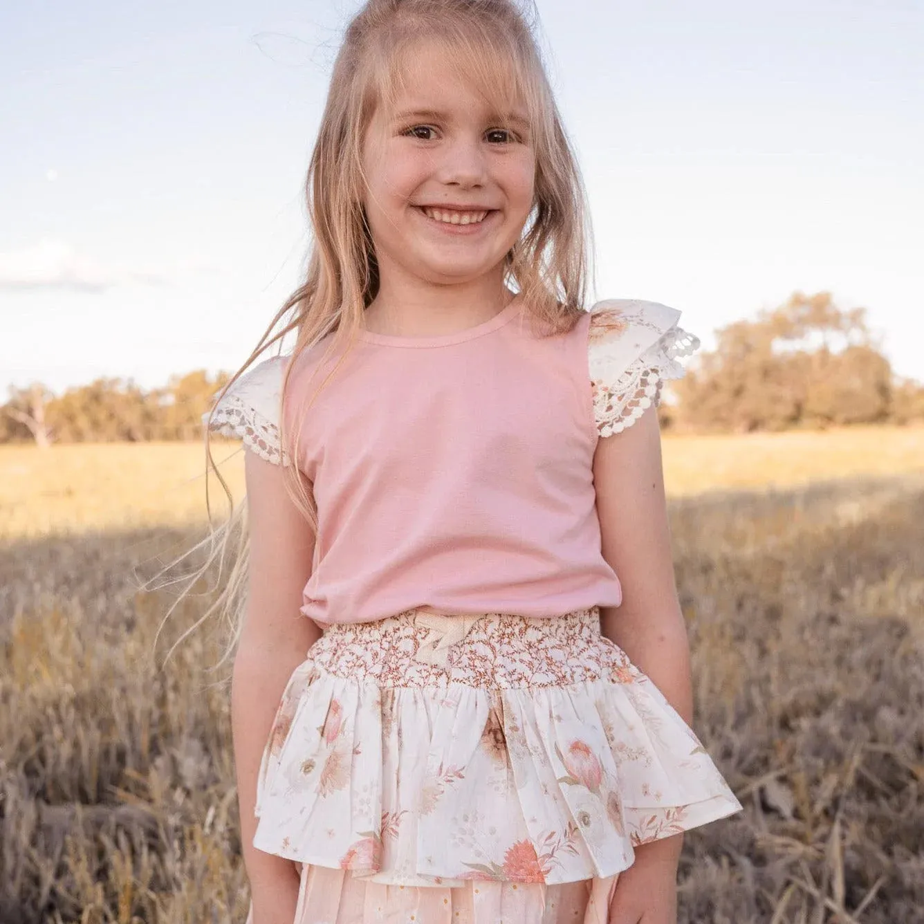 Girls Print Sleeve Top - Dusty Peach