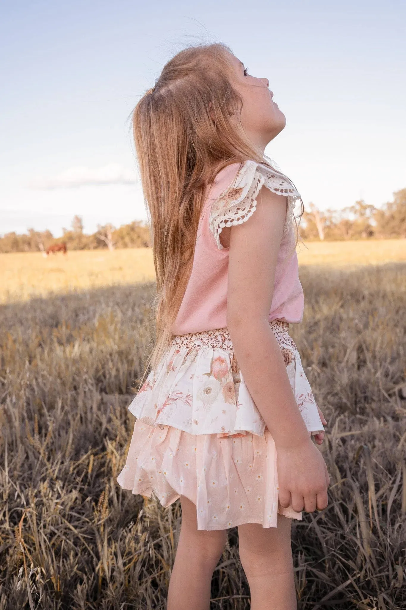 Girls Print Sleeve Top - Dusty Peach