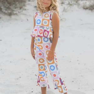 Girl's Retro Daisy Checkered Spring Summer Bell Bottom Set