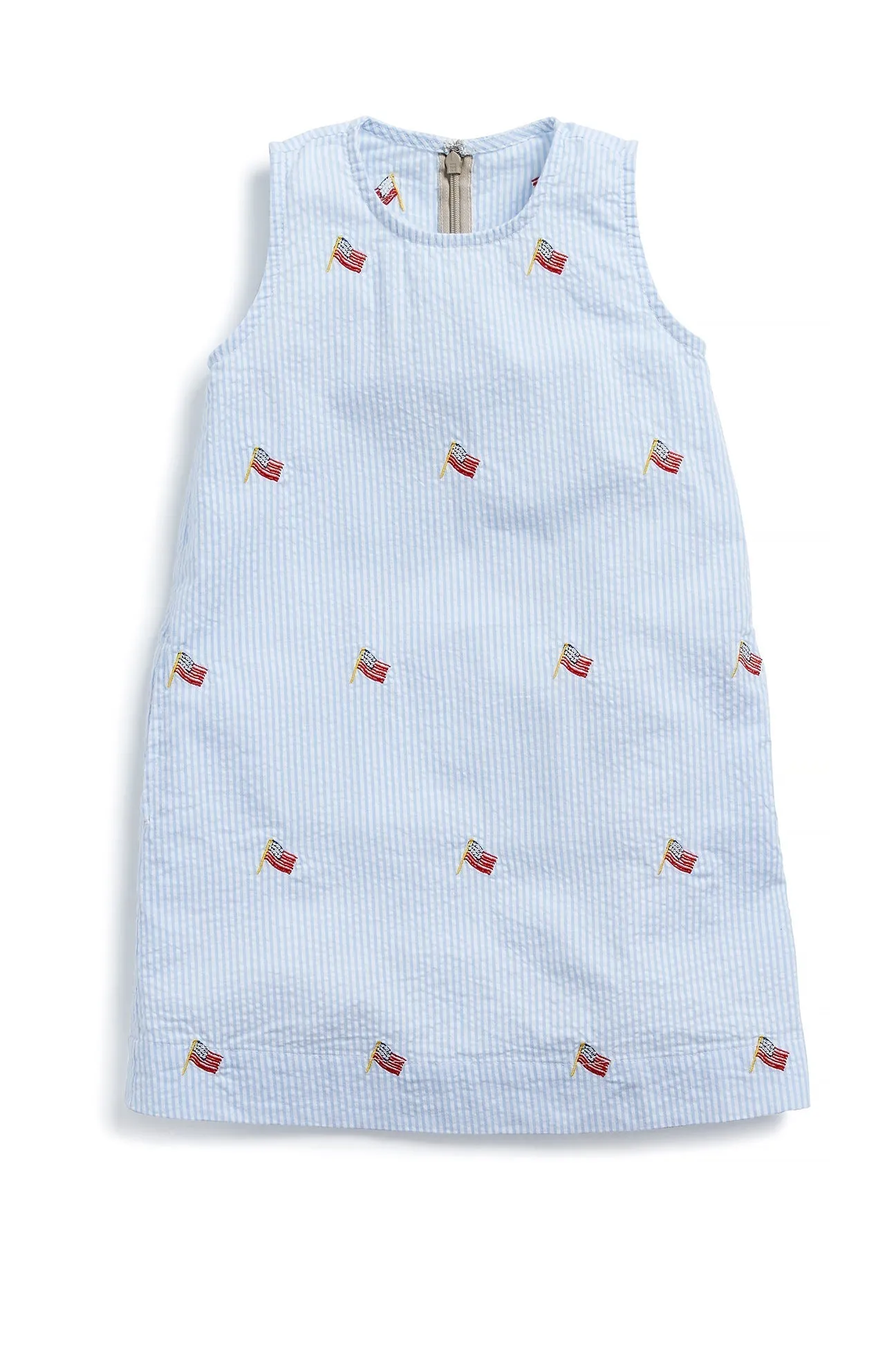 Girls Shift Dress Blue Seersucker with USA Flag