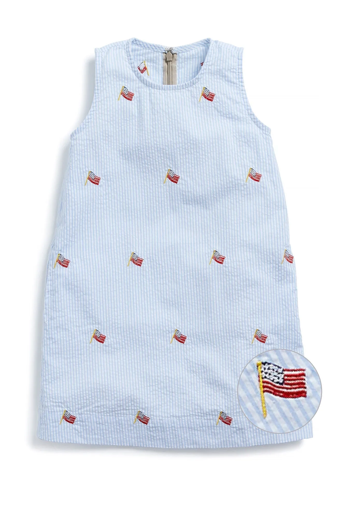 Girls Shift Dress Blue Seersucker with USA Flag