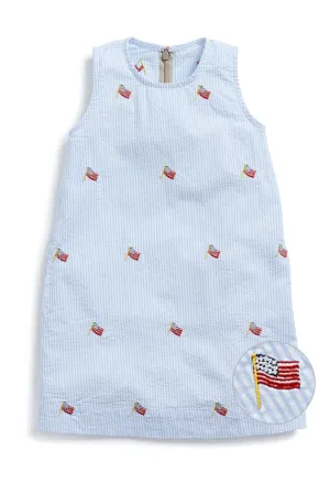Girls Shift Dress Blue Seersucker with USA Flag