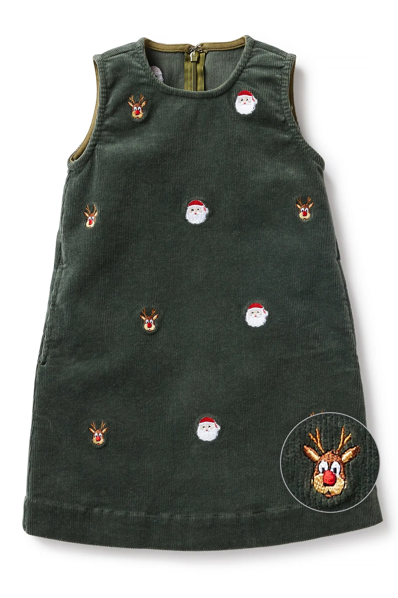 Girls Shift Dress Corduroy Olive with Christmas Night