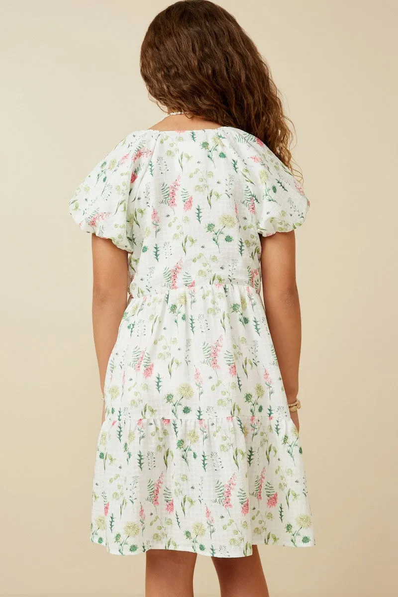 Girls Textured Floral Button Detail Dress