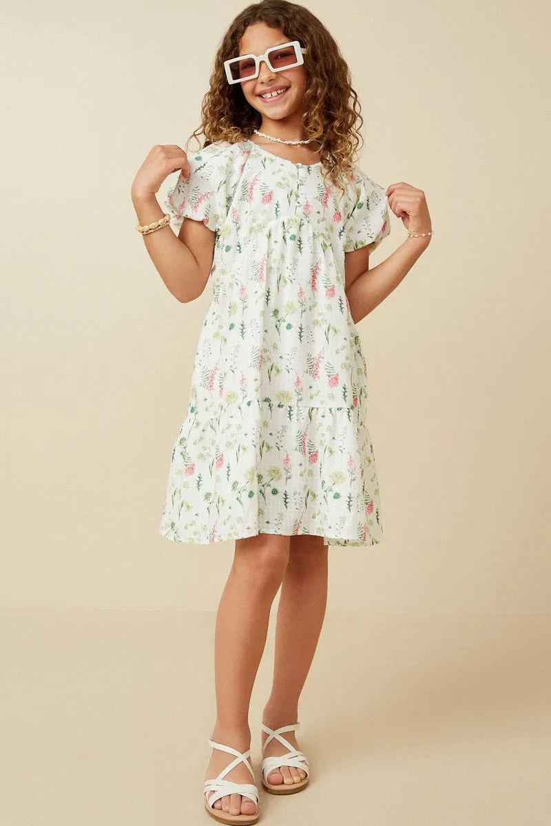 Girls Textured Floral Button Detail Dress