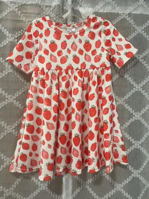 Girls White Dress w/Strawberry Print