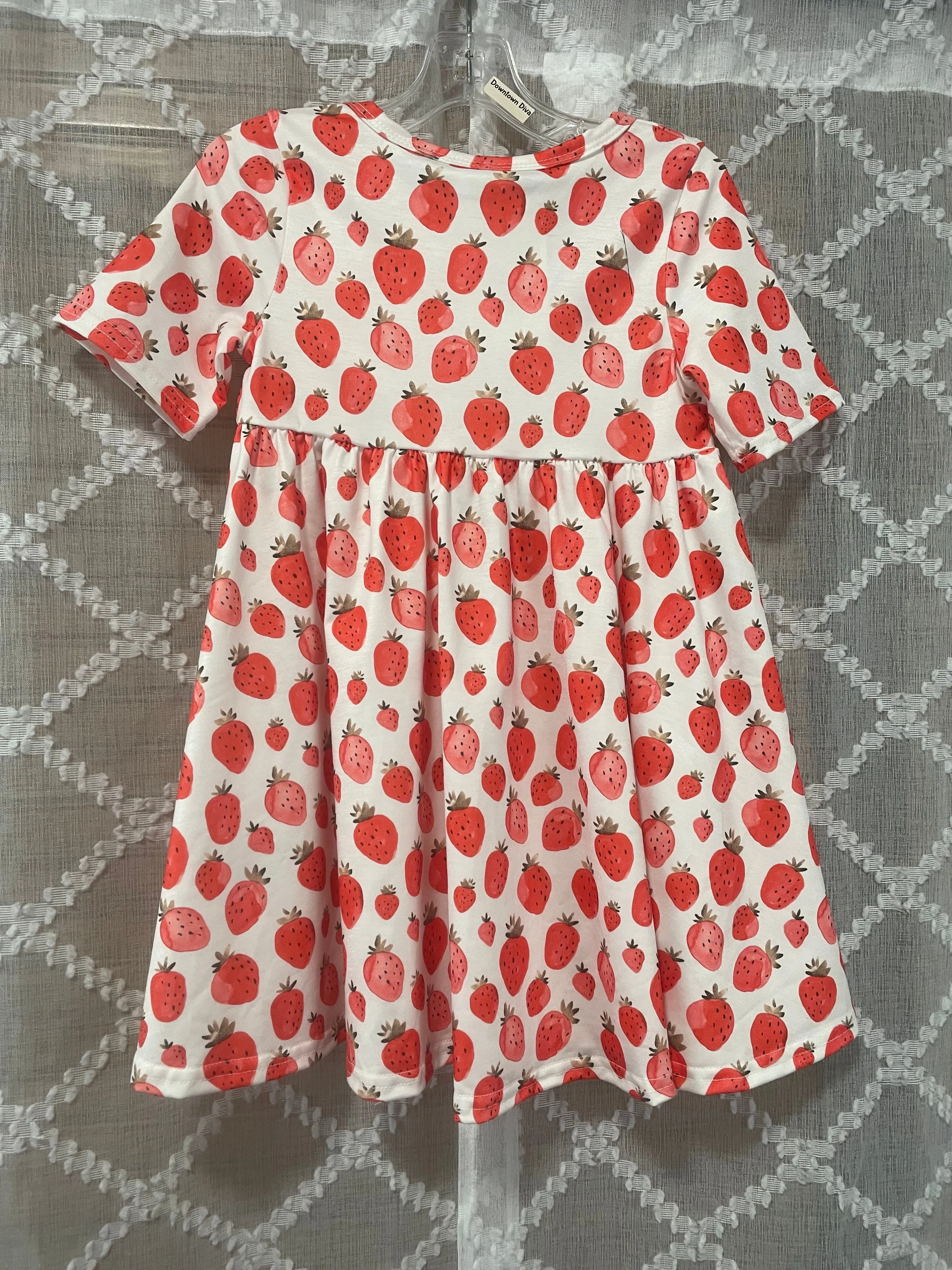 Girls White Dress w/Strawberry Print