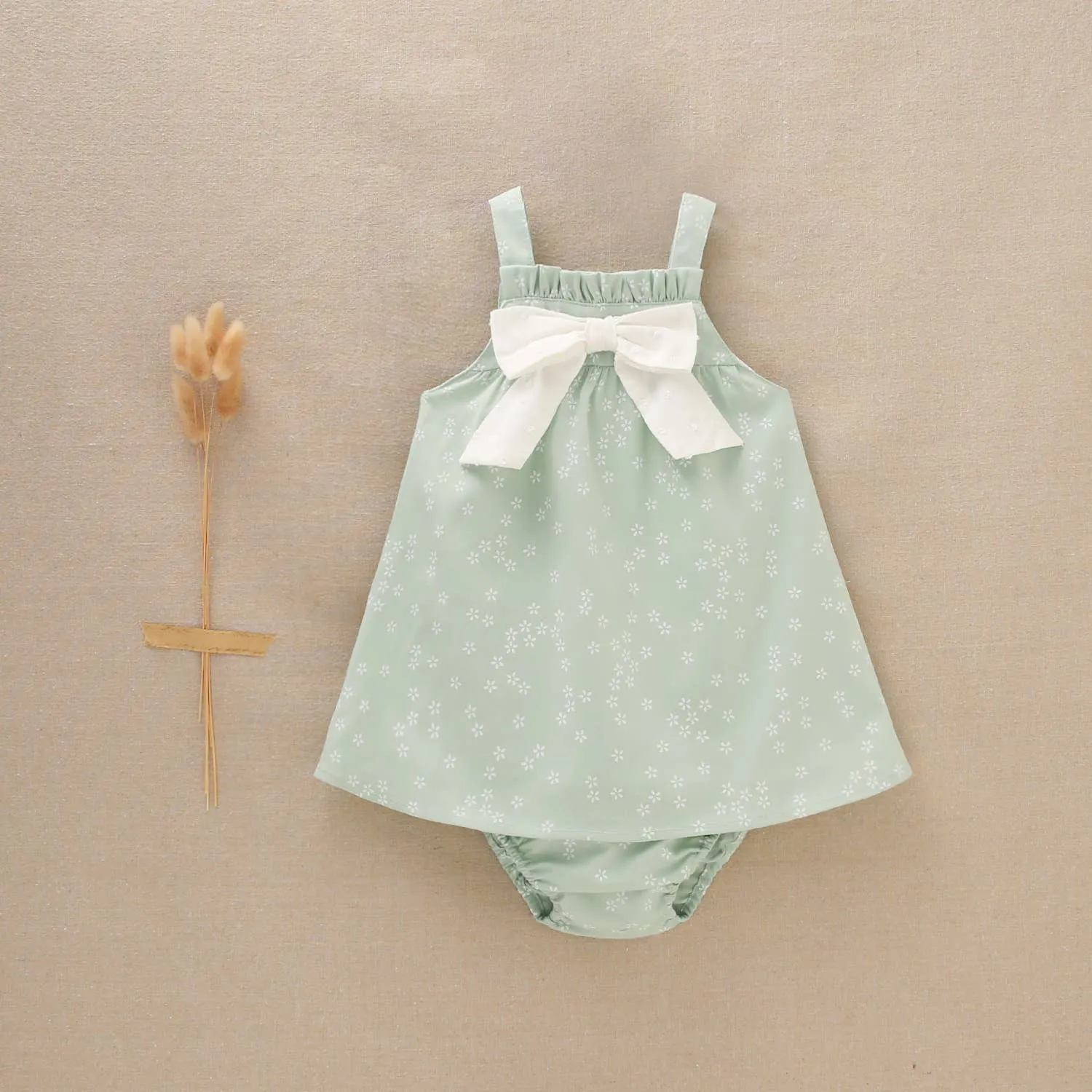 Green Baby Girl's Dress with Flowers with Bow and Panties