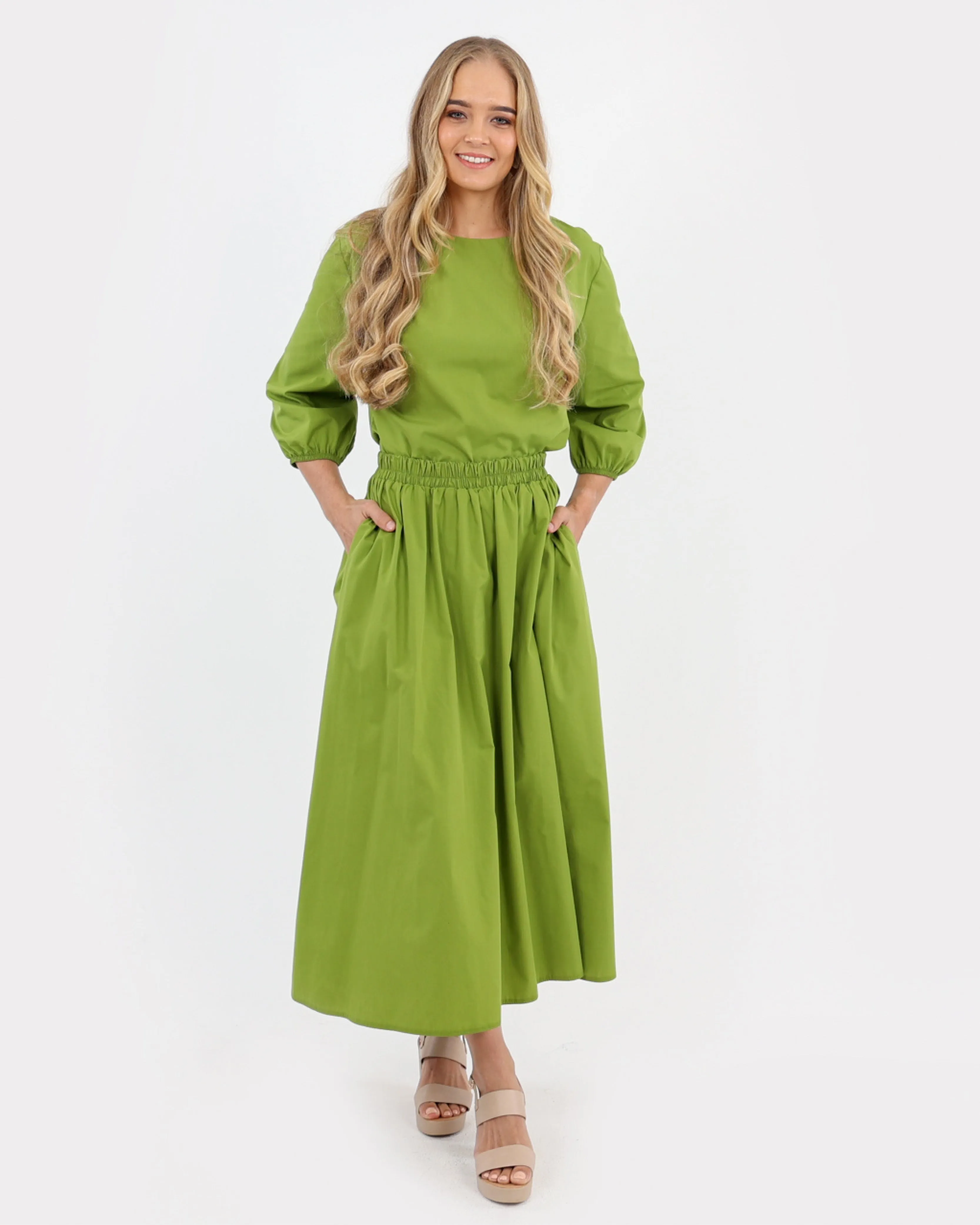Green Cotton Poplin Flared Skirt