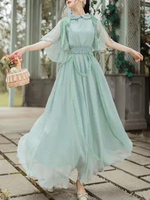 Green Peter Pan Collar Butterfly Sleeve Garden Vintage Dress