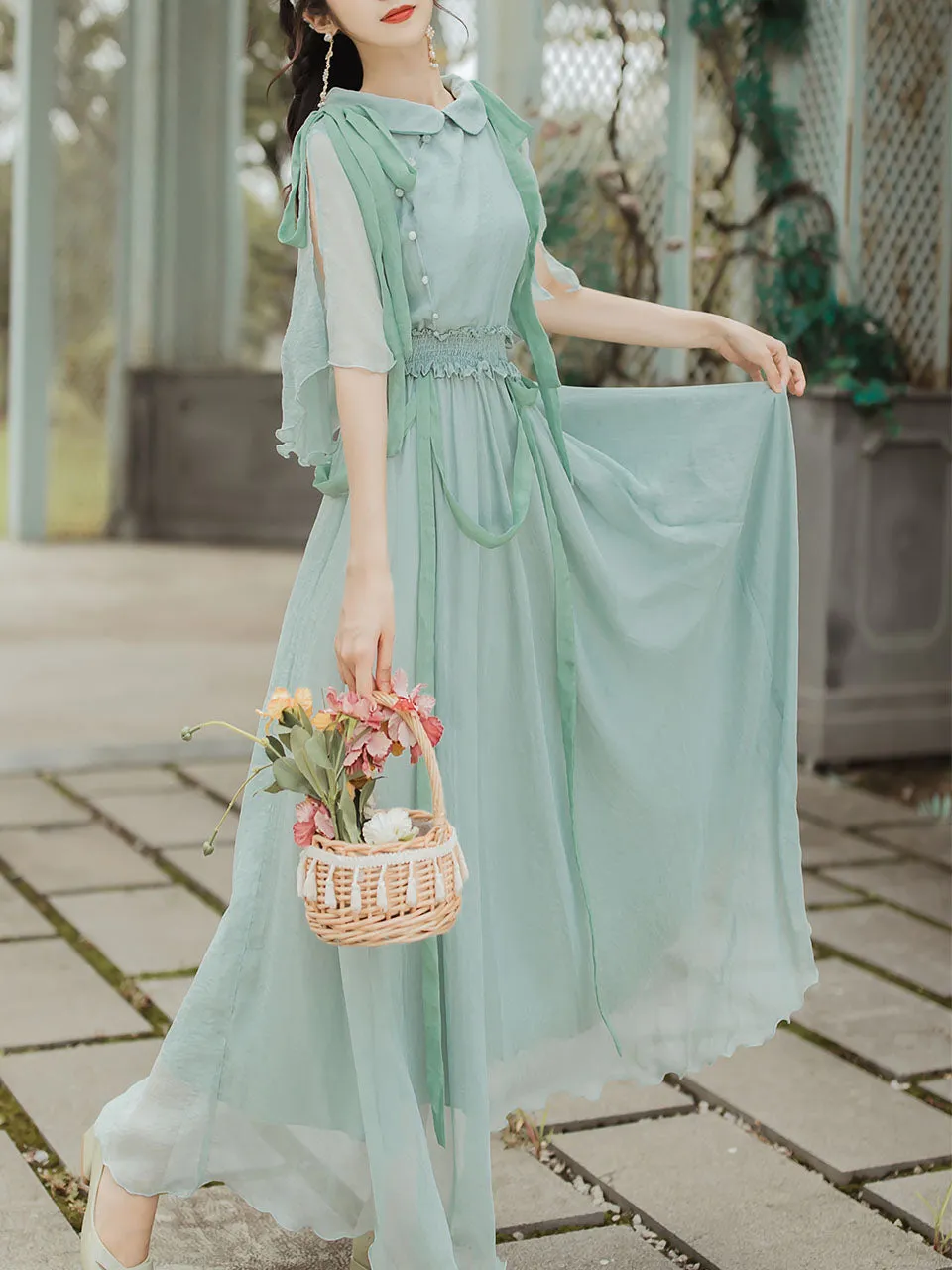 Green Peter Pan Collar Butterfly Sleeve Garden Vintage Dress