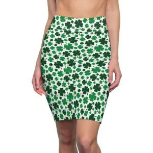 Green White Shamrock St Patricks Day Womens Tight Short Pencil Skirt - Saiko Studio