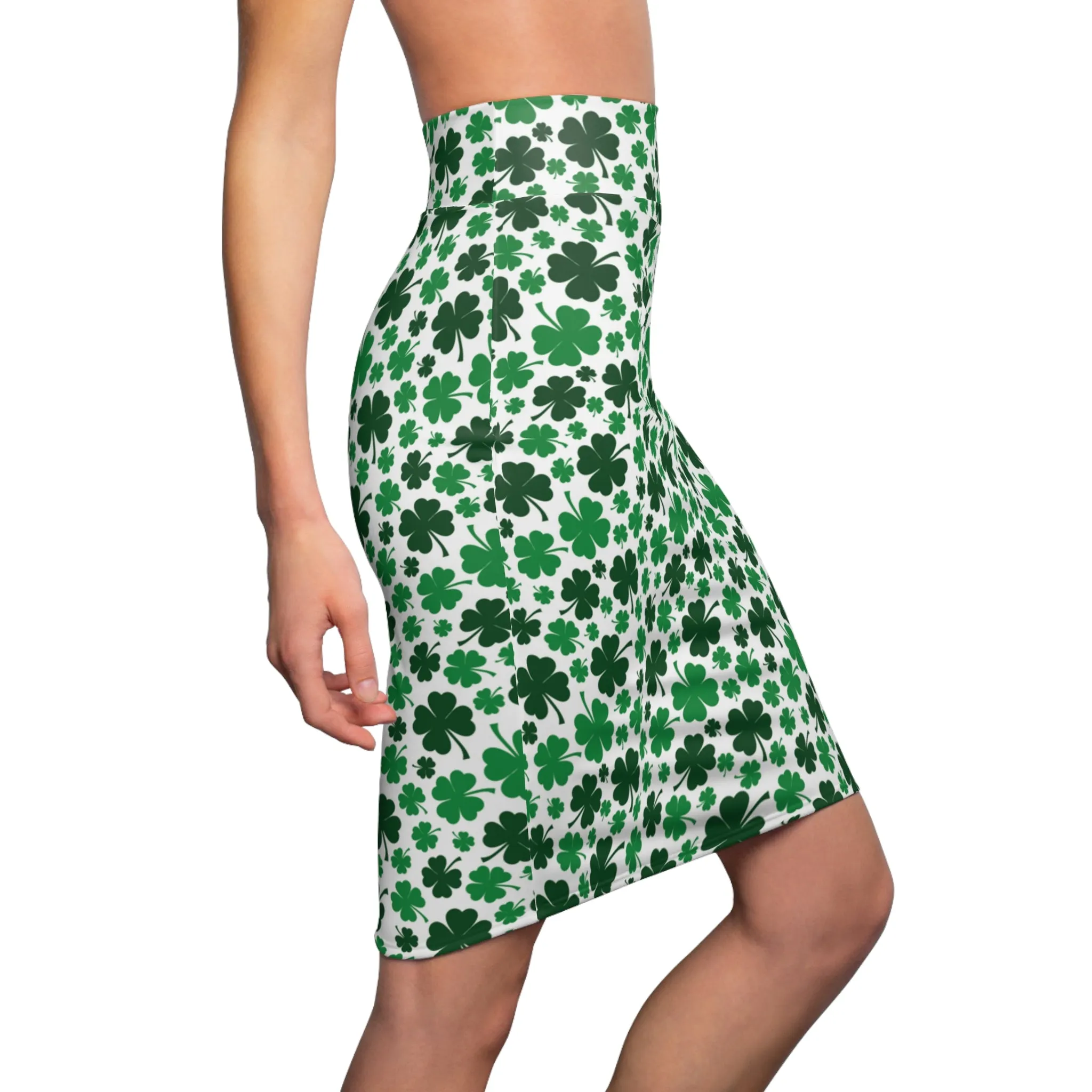Green White Shamrock St Patricks Day Womens Tight Short Pencil Skirt - Saiko Studio