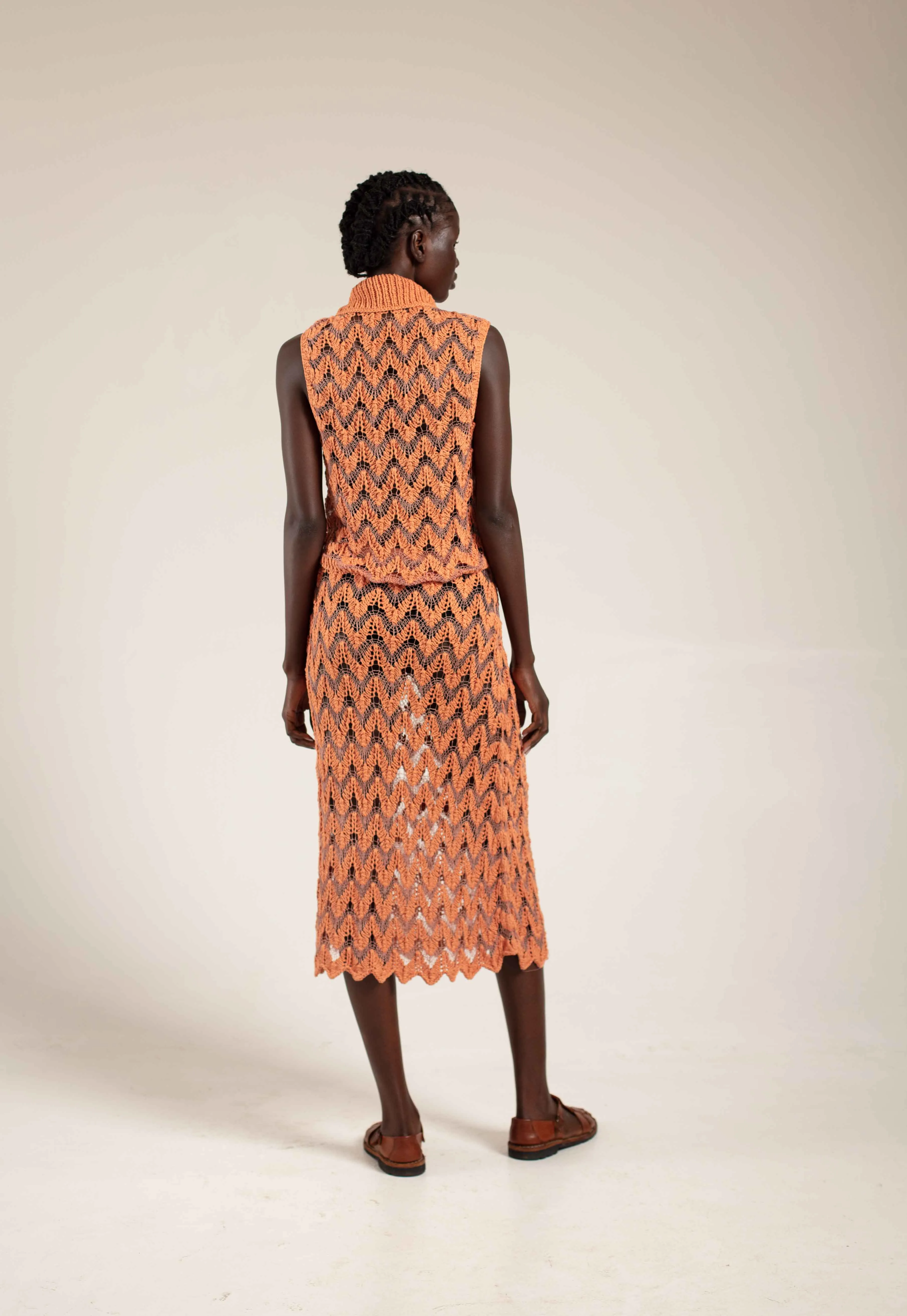 Hand spun silk and cotton knitted Polo top - Sunset