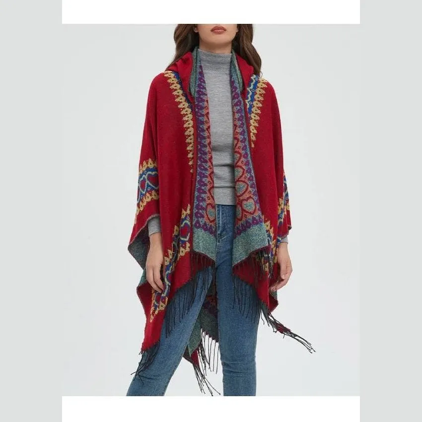 Heart crochet faux wool hooded sweater ruana wrap shawl