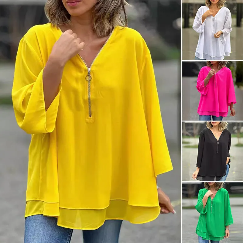 Heidi - Flowy V-Neck Zipped Top