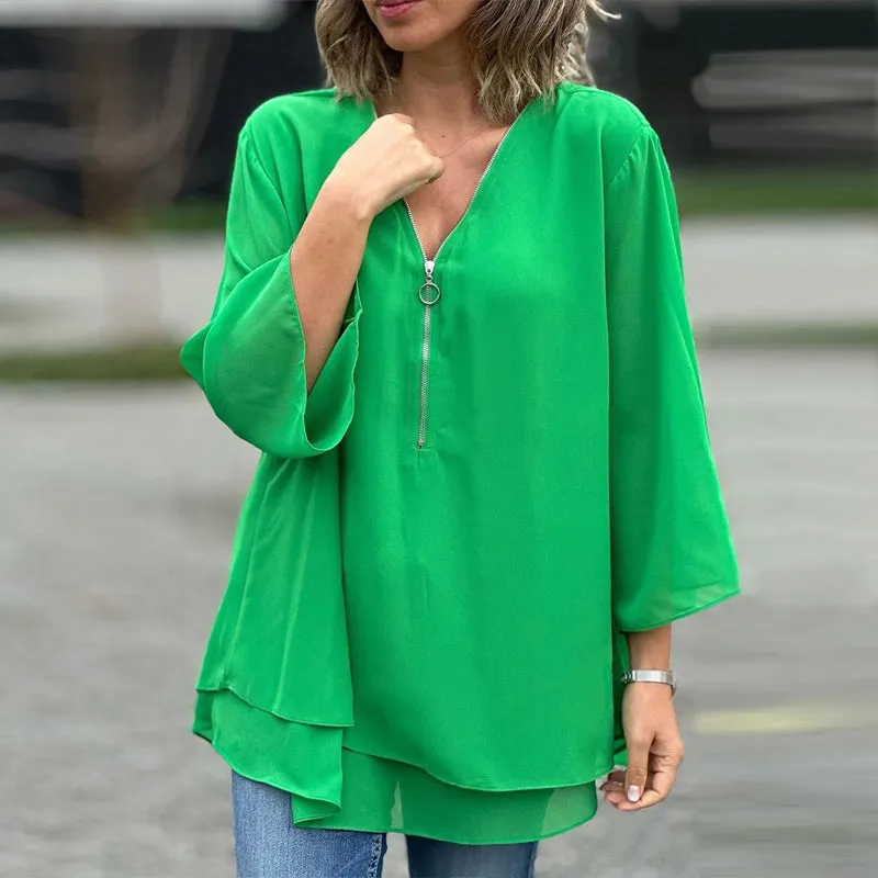 Heidi - Flowy V-Neck Zipped Top